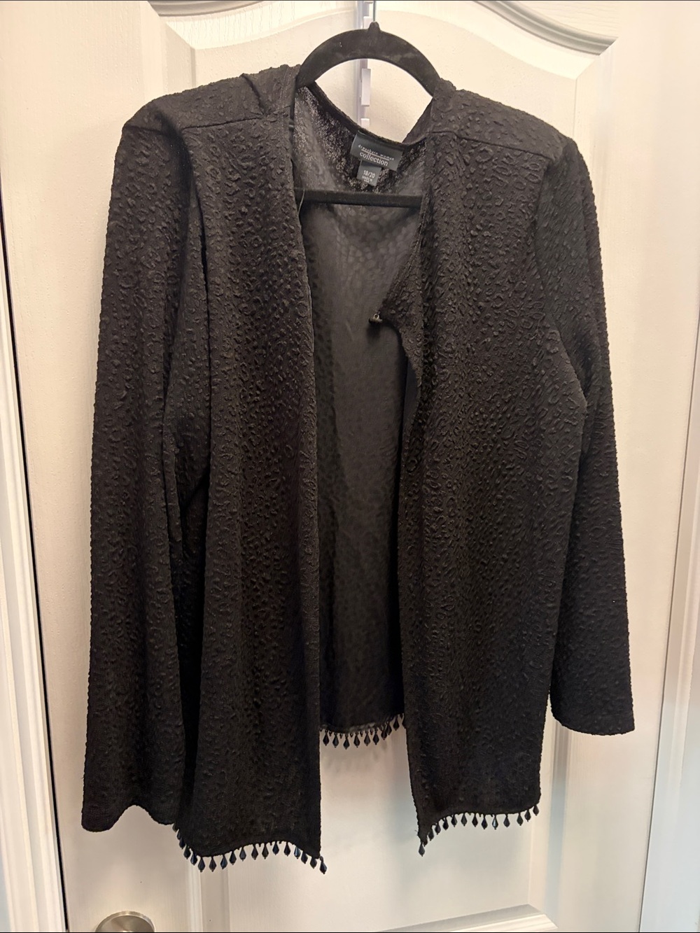 Dress Barn Black Textured Open-Front Jacket with Tassel Hem